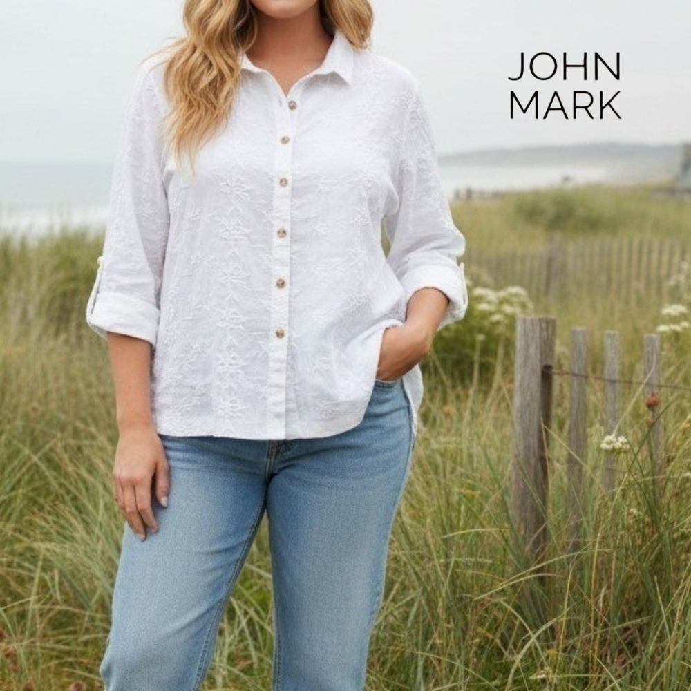 John Mark Womens Embroidered Linen 3/4 Sleeve Button Down Blouse White XL